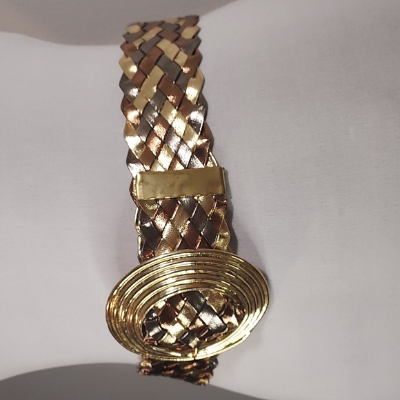 Vintage Gold Bronze Pewter Woven Belt Gold Toned Unique Circular Pivot Buckle - Picture 6 of 14
